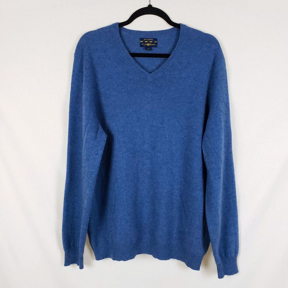Club Room Blue Cashmere Sweater Mens L V-Neck Classic Preppy Minimalist